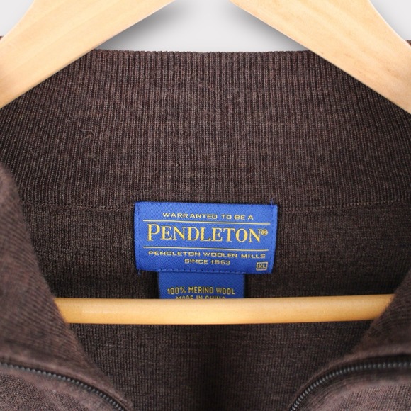 Pendleton Wool Laine Lavable Micro Grid 1/4 Zip Brown Pull Over Sweater Mens XL - Picture 3 of 4